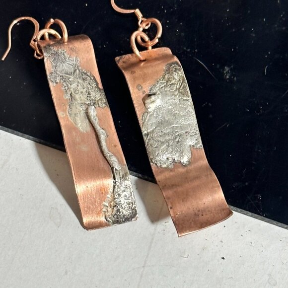 Sterling Silver 925 Reticulated Copper Earrings Rustic Gift Handmade Brutalist - Picture 7 of 8